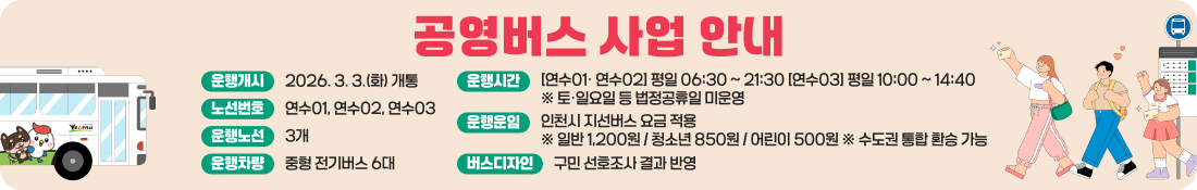 공영버스 사업 안내
운행개시
2026. 3. 3.(화) 개통
운행시간
[연수01· 연수02] 평일 06:30 ~ 21:30 [연수03] 평일 10:00 ~ 14:40
※ 토·일요일 등 법정공휴일 미운영
노선번호
연수01, 연수02, 연수03
운행운임
인천시 지선버스 요금 적용
※ 일반 1,200원 / 청소년 850원 / 어린이 500원 ※ 수도권 통합 환승 가능
운행노선
3개
운행차량
중형 전기버스 6대
버스디자인
구민 선호조사 결과 반영