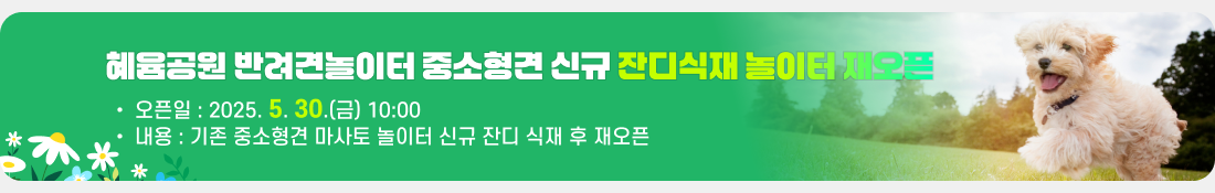 혜윰공원 반려견놀이터 중소형견 신규 잔디식재 놀이터 재오픈
>오픈일: 2025.5.30.(금) 10:00 ~
>내용: 기존 중소형견 마사토 놀이터 신규 잔디 식재 후 재오픈