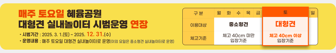 매주 토요일 혜윰공원
대형견 실내놀이터 시범운영 연장

시범기간 :  2025.3.1.(토)~2025.12.31.(수)
운영내용 :  매주 토요일 대형견 실내놀이터로 운영(이외 요일은 중소형견 실내놀이터로 운영)

월~금 이용대상 : 중소형견, 체고기준 : 체고 40cm미만입장기준
토~일 이용대상 : 대형견, 체고기준 : 체고 40cm이상입장기준
