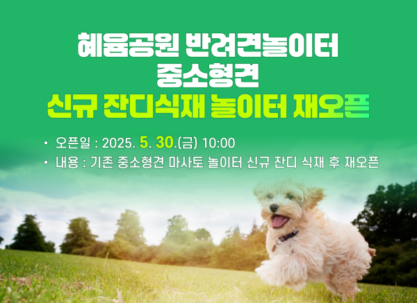 혜윰공원 반려견놀이터 중소형견 신규 잔디식재 놀이터 재오픈 오픈일: 2025.5.30.(금) 10:00 ~ 내용: 기존 중소형견 마사토 놀이터 신규 잔디 식재 후 재오픈